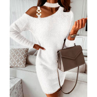 Cold Shoulder Fluffy Long Sleeve Dress - white