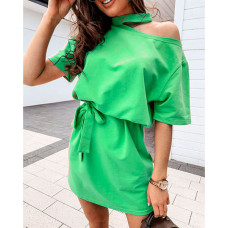 Cold Shoulder Half Sleeve Casual Dress - green