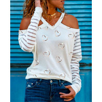 Cold Shoulder Heart Print Long Sleeve Top - white