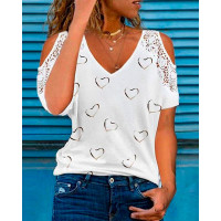 Cold Shoulder Heart Print T-shirt - white