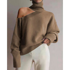 Cold Shoulder High Neck Long Sleeve Sweater - khaki