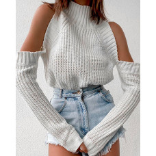 Cold Shoulder High Neck Long Sleeve Sweater - white