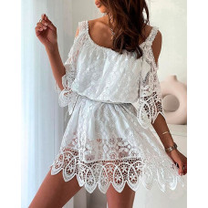 Cold Shoulder Hollow Out Lace Dress - white