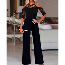 Cold Shoulder Hollow Out Wide Leg Jumpsuit - black