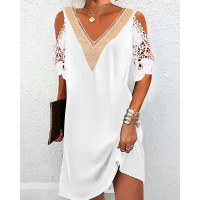 Cold Shoulder Lace Patch Casual Dress - white