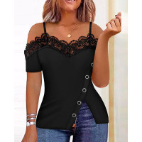 Cold Shoulder Lace Patch Split Hem Top - black