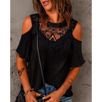 Cold Shoulder Lace Patch T-shirt - black