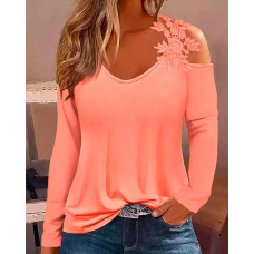 Cold Shoulder Lace Patch Top - pink