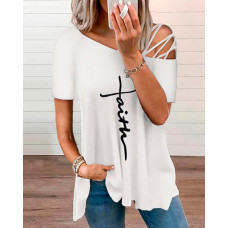 Cold Shoulder Lace-up Faith Print Top - white