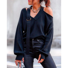 Cold Shoulder Lantern Sleeve Buckled Top - black