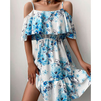 Cold Shoulder Layered Floral Print Dress - blue