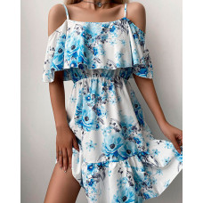 Cold Shoulder Layered Floral Print Dress - blue