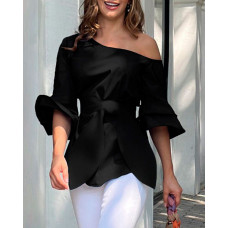 Cold Shoulder Layered Sleeve Top - black