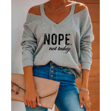 Cold Shoulder Letter Print Casual Top - gray