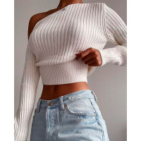 Cold Shoulder Long Sleeve Crop Sweater - white