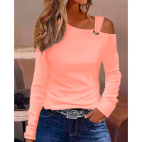 Cold Shoulder Long Sleeve Eyelet Top - pink