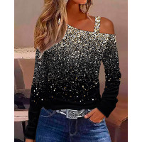 Cold Shoulder Long Sleeve Print Top - black