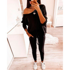 Cold Shoulder Long Sleeve Top & Pants Set - black