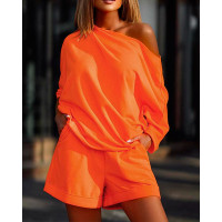 Cold Shoulder Long Sleeve Top & Pocket Design Shorts Set - orange