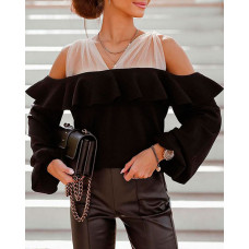 Cold Shoulder Mesh Patch Lantern Sleeve Ruffles Top - black