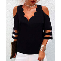 Cold Shoulder Mesh Patch Scallop Trim Top - black