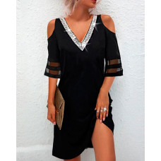 Cold Shoulder Mesh Sequin Patch Casual Dress - black