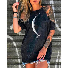 Cold Shoulder Moon Print Caual T-shirt - black