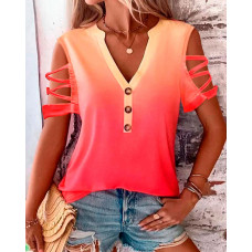 Cold Shoulder Ombre Crisscross Buttoned Casual T-shirt - Multicolor