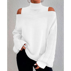 Cold Shoulder Patchwork Cable Cable Textured Top - white