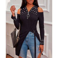 Cold Shoulder Pearls Decor Zip Front High Slit Top - black