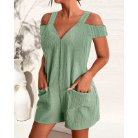 Cold Shoulder Pocket Design Casual Romper - green