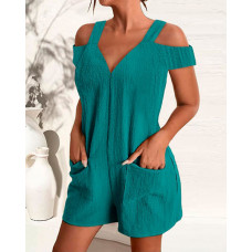 Cold Shoulder Pocket Design Casual Romper - sky blue