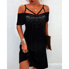 Cold Shoulder Rhinestone Casual Dress - black