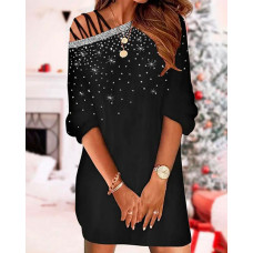 Cold Shoulder Rhinestone Decor Dress - black