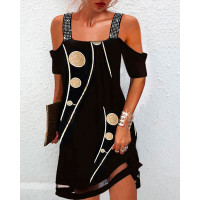 Cold Shoulder Rhinestone Decor Graphic Print Dress - black