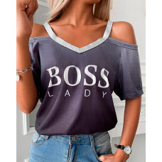 Cold Shoulder Rhinestone Letter Print Short Sleeve Top - black