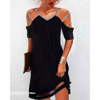 Cold Shoulder Rhinestone Sheer Mesh Patch Casual Dress - black