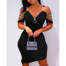 Cold Shoulder Rhinestone Zipper Design Bodycon Dress - black