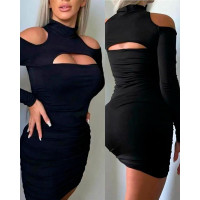 Cold Shoulder Ruched Cutout Bodycon Dress - black