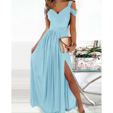 Cold Shoulder Ruched High Slit Party Dress - Lighted Blue