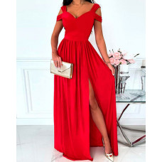 Cold Shoulder Ruched High Slit Party Dress - red