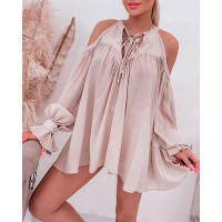 Cold Shoulder Ruched Tied Detail Top - Apricot