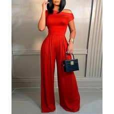 Cold Shoulder Ruched Wide Leg Jumpsuit - red