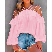 Cold Shoulder Ruffle Hem Cutout Top - pink