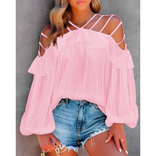 Cold Shoulder Ruffle Hem Cutout Top - pink