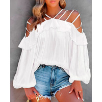 Cold Shoulder Ruffle Hem Cutout Top - white