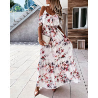 Cold Shoulder Ruffle Hem Floral Print Maxi Dress - white