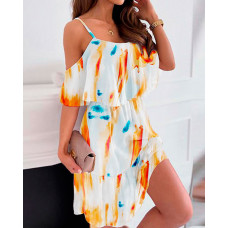 Cold Shoulder Ruffle Hem Tie Dye Print Chiffon Dress - Multicolor