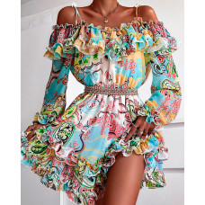 Cold Shoulder Ruffles Frill Hem Allover Print Dress - Multicolor