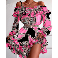 Cold Shoulder Ruffles Frill Hem Cheetah Chain Print Dress - hot pink